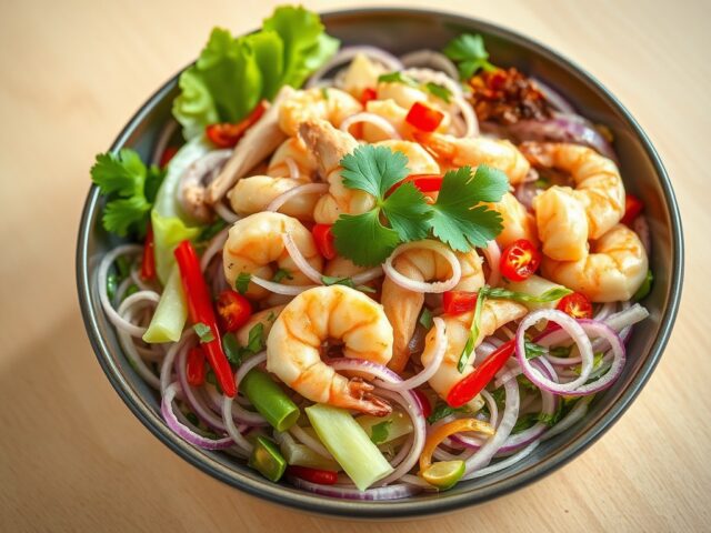Lauwwarme Thaise salade met garnalen en kip