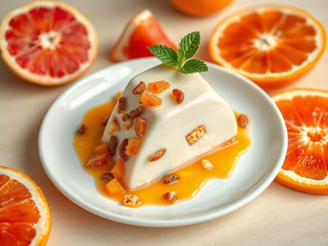Le nougat glacé aux fruits confits, sauce à l’oran