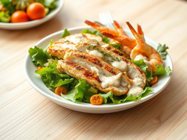 Lentesalade met kip, gamba en truffelmayonaise