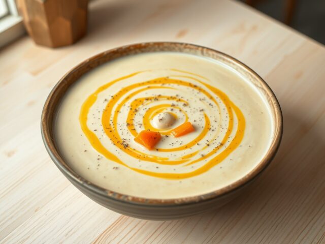 Licht romige oesterzwammen soep met zoete aardappel en diverse groente.