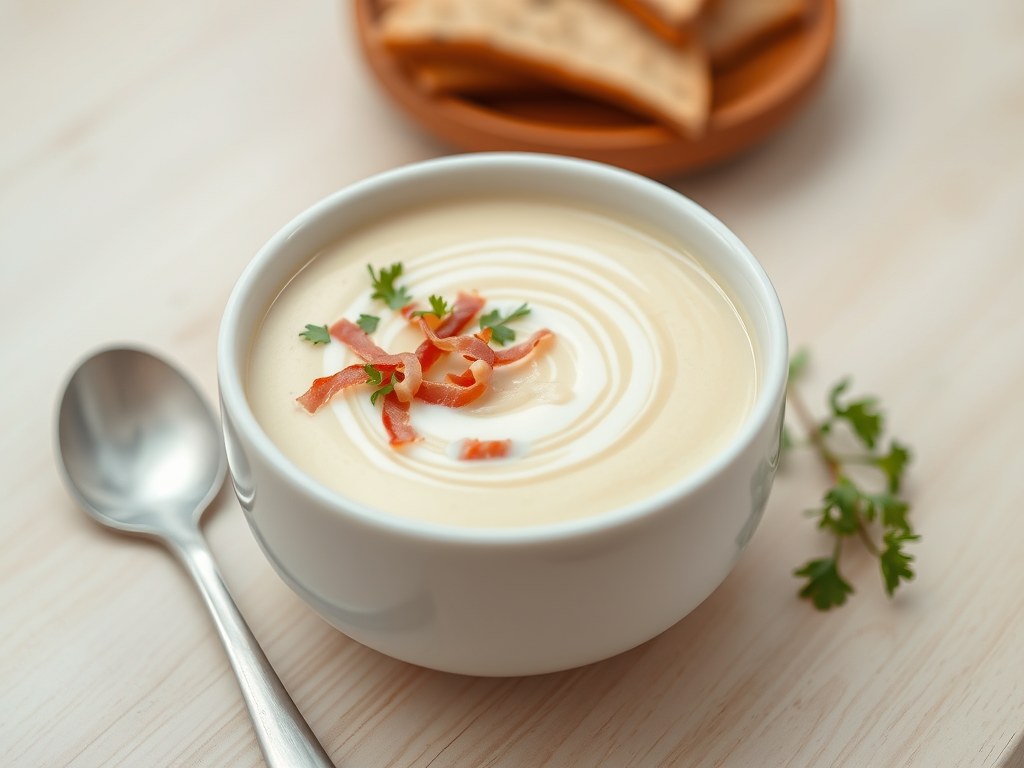 Lichte creme van brie met julienne van parmaham, AI-gegenereerde illustratie