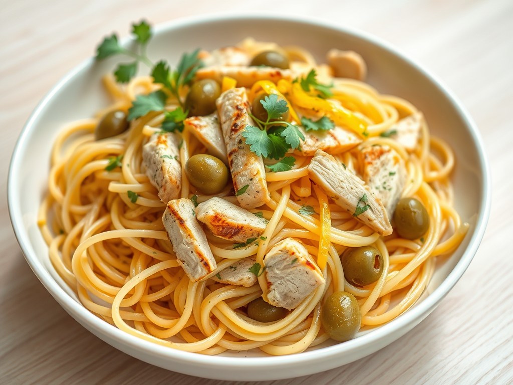 Linguine met kip en gekonfijte citroen, AI-gegenereerde illustratie