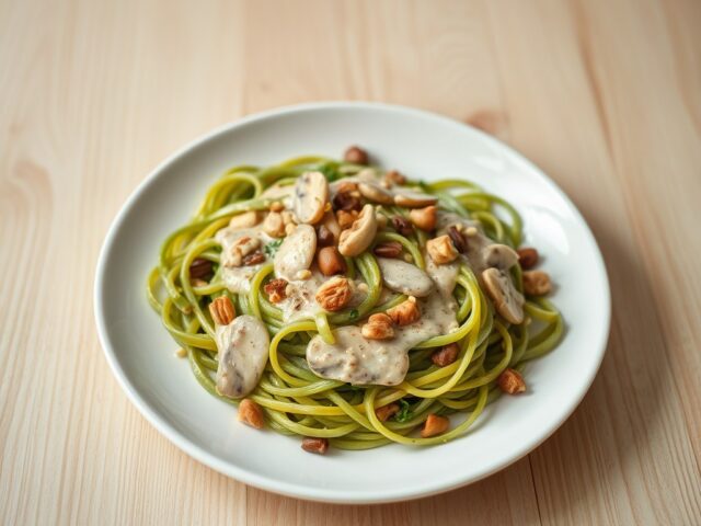 Lintmacaroni met shii take en notensaus