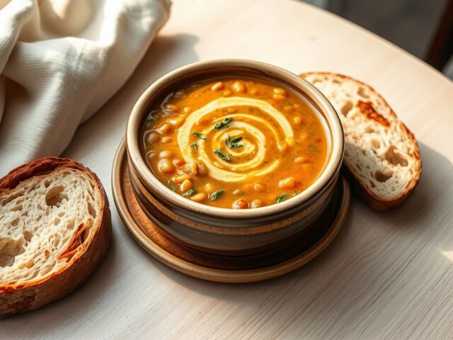 Linzen- uiensoep met Italiaans brood