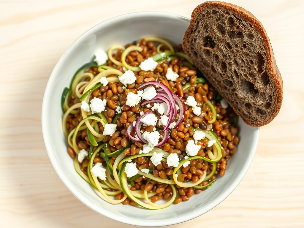 Linzensalade met courgette en prei, AI-gegenereerde illustratie