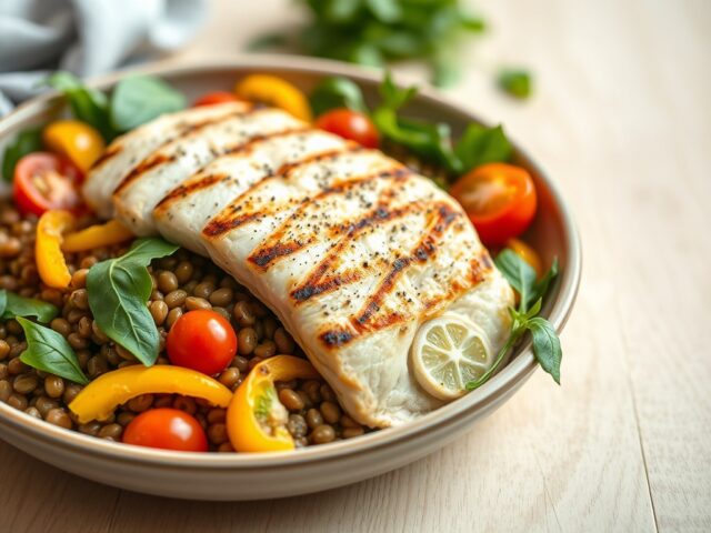 Linzensalade met gegrilde citroenkip