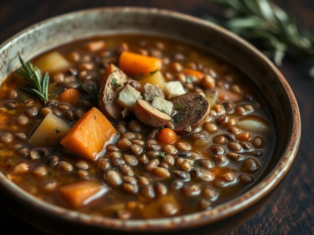 Linzensoep met een aardappel- cantharellen- truffel