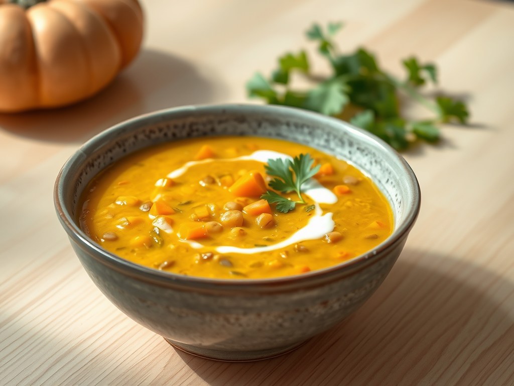 Linzensoep met Pompoen Curry, AI-gegenereerde illustratie