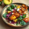 Maïstortilla, kippenbrochette met ananas, rauwkost
