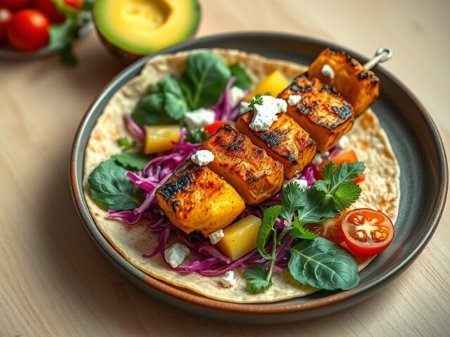 Maïstortilla, kippenbrochette met ananas, rauwkost