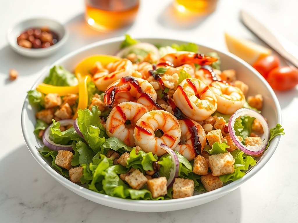 Maaltijdsalade met scampi’s, AI-gegenereerde illustratie