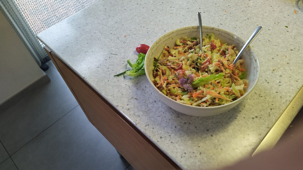 Maaltijdsalade met spitskool, tomaat, wortel en nog meer