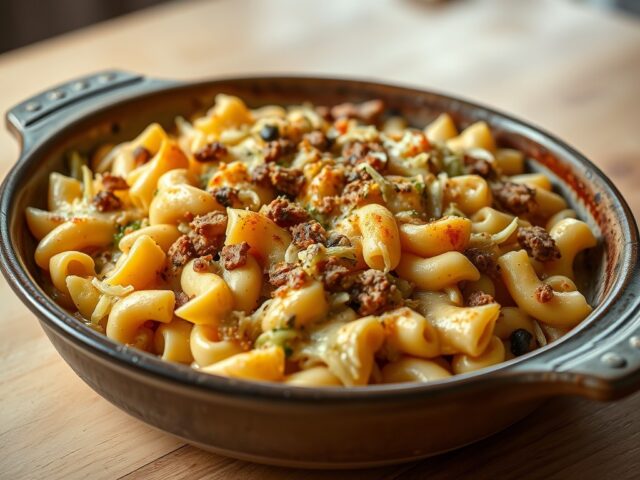 Macaroni ’tre formaggi’ met savooi en gehakt