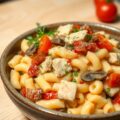 Macaroni met kipfilet, prei en champignons