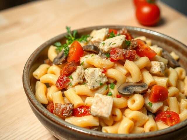 Macaroni met kipfilet, prei en champignons