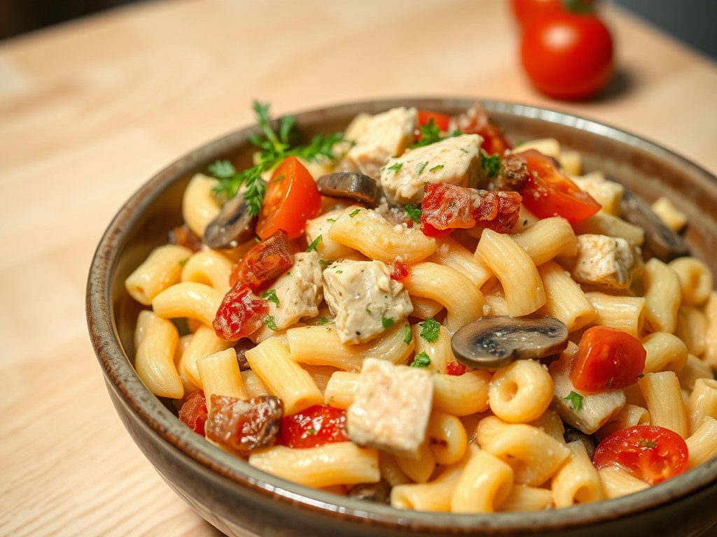 Macaroni met kipfilet, prei en champignons, AI-gegenereerde illustratie
