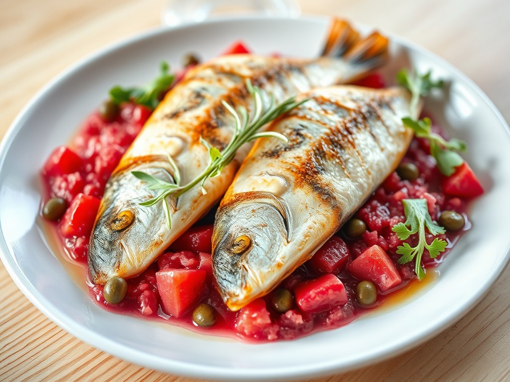 Makreelfilets met rabarber, AI-gegenereerde illustratie
