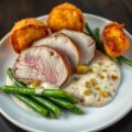 Mals varkenshaasje op een bedje van Blackwell saus met groene boontjes en kroketten