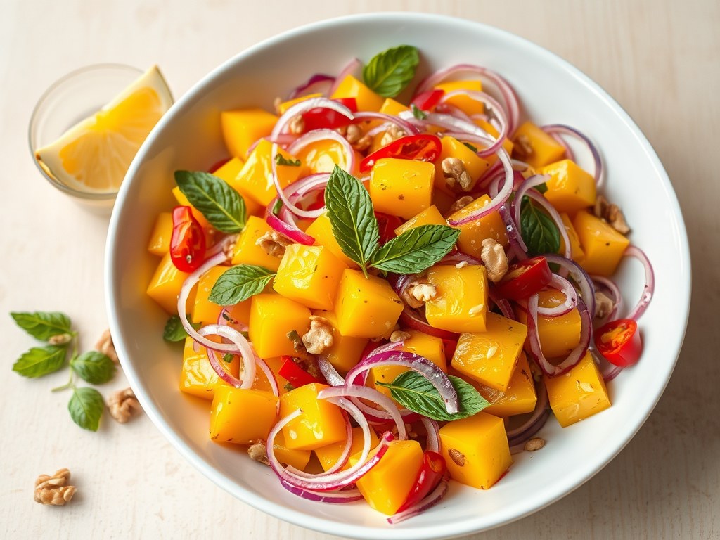 Mangosalade met munt en walnoot, AI-gegenereerde illustratie