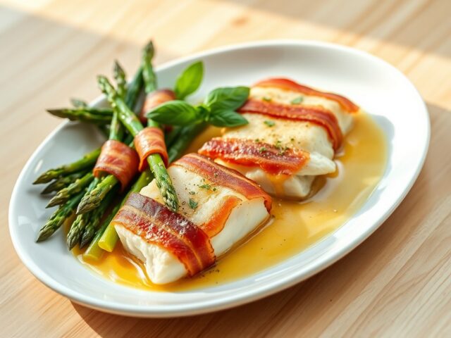 Medaillons van kabeljauw met spek en asperges