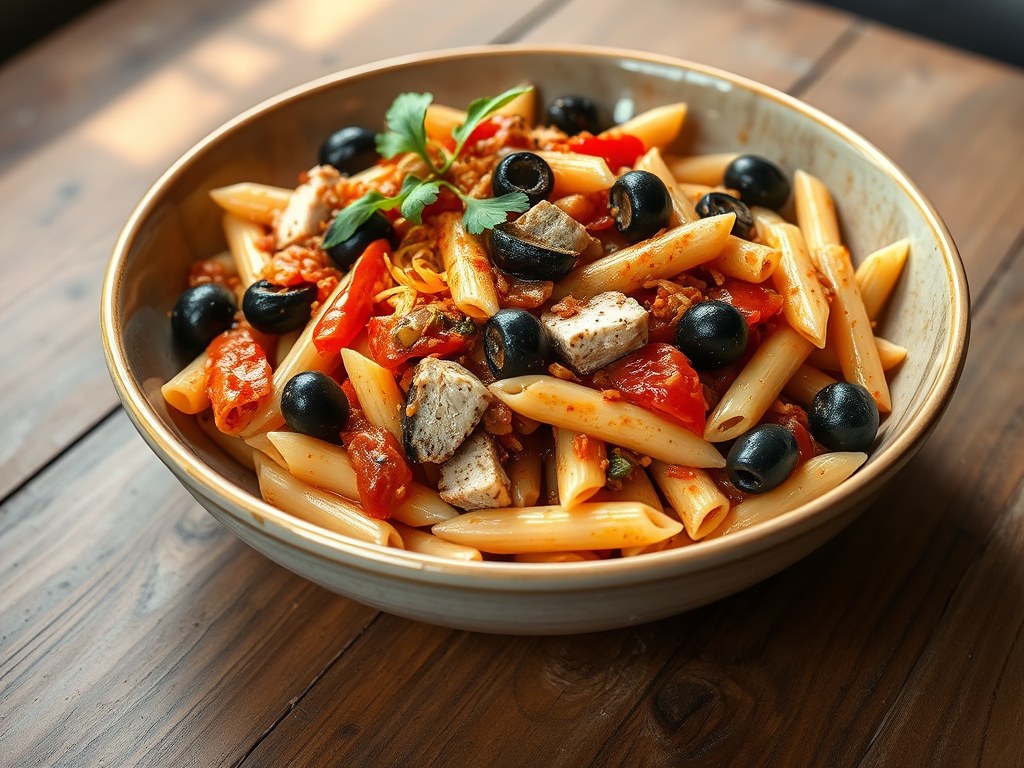 Mediterrane penne met tonijn, AI-gegenereerde illustratie