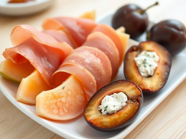 Meloen met ham en pruim met romige blauwe kaas