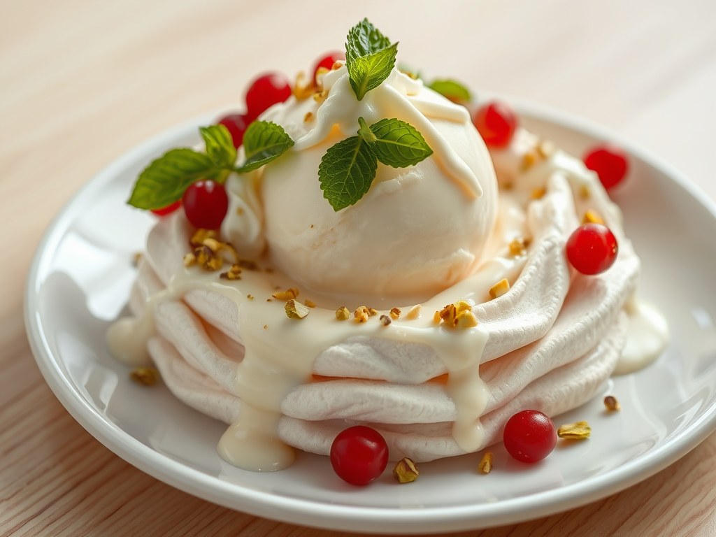 Meringue ijsdessert met witte chocoladesaus, AI-gegenereerde illustratie