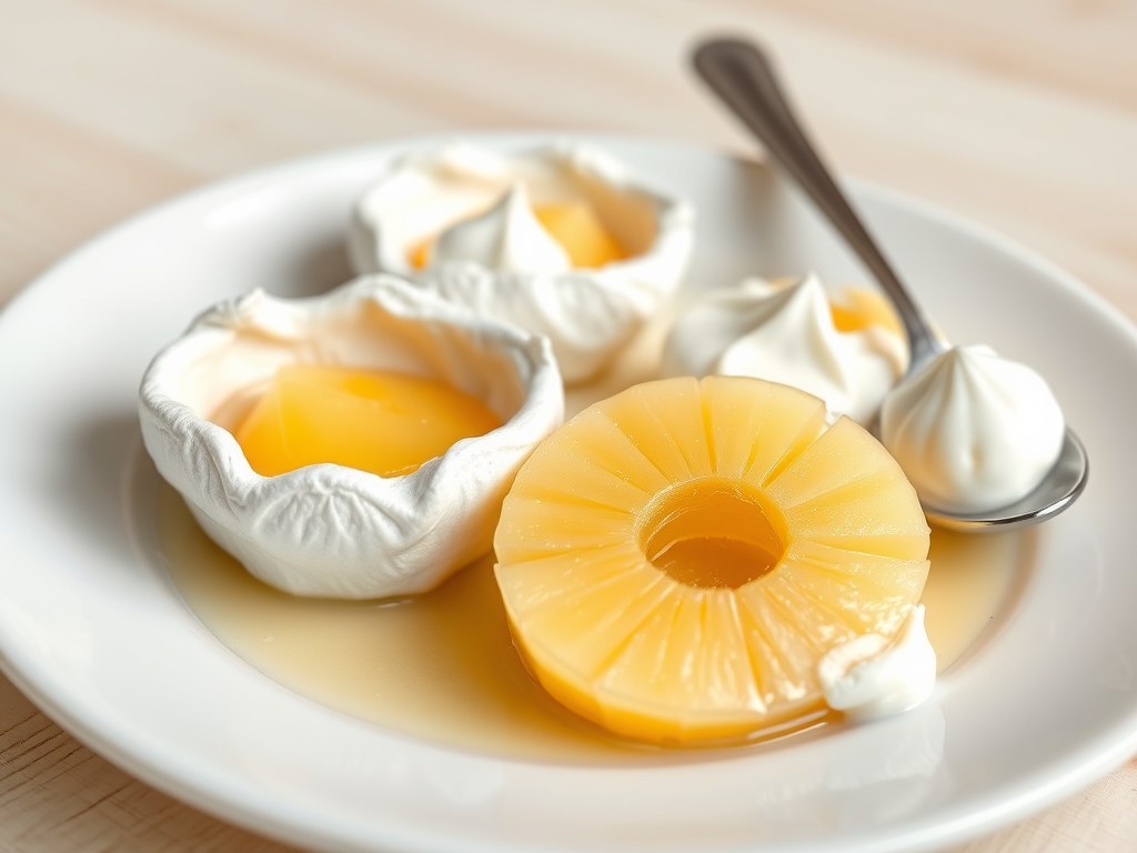 Meringues met gepocheerde ananas, AI-gegenereerde illustratie