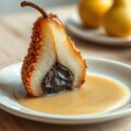 Met chocola gevulde peer in een jasje van pecannot