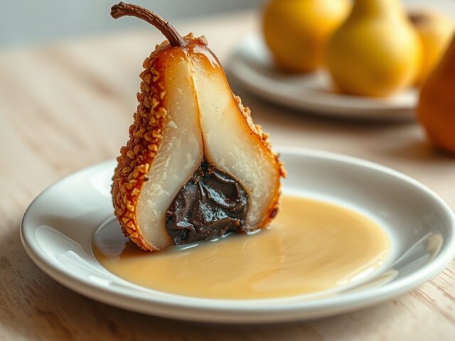Met chocola gevulde peer in een jasje van pecannot