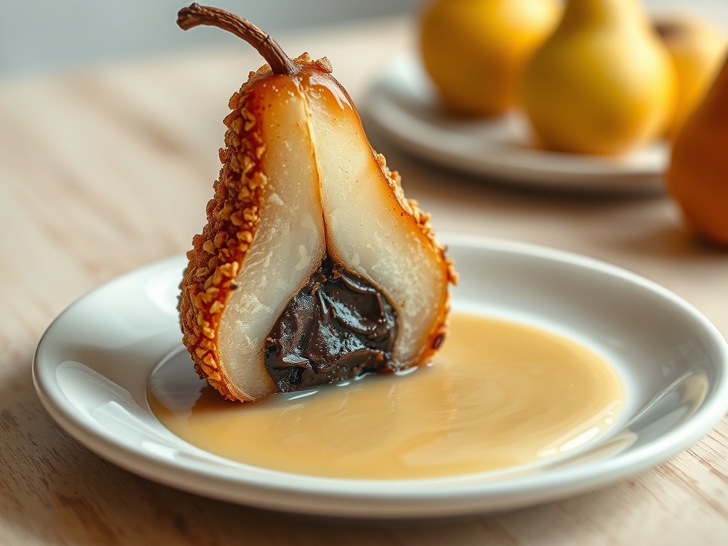 Met chocola gevulde peer in een jasje van pecannot, AI-gegenereerde illustratie