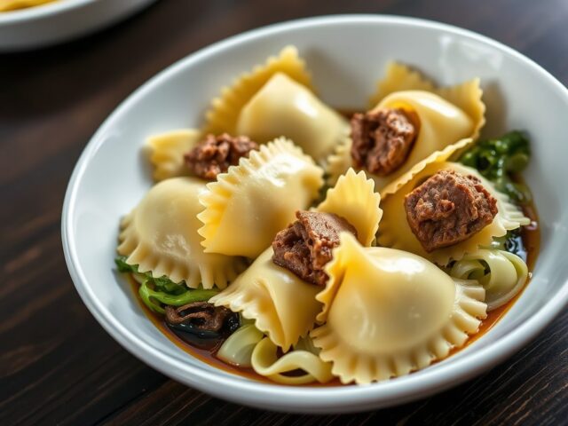 Met eend gevulde ravioli met savooiekool en eenden