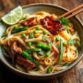 Mie met Chinese kool, gewokte shoarmareepjes, doperwten en courgette