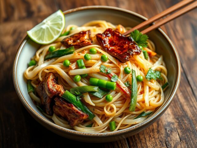 Mie met Chinese kool, gewokte shoarmareepjes, doperwten en courgette