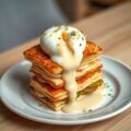 Millefeuille van prei en gepocheerde eieren