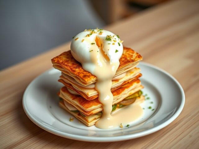 Millefeuille van prei en gepocheerde eieren