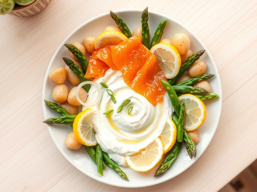 Mini-krieltjes met warmgerookte zalm en ricotta-yoghurtspread, AI-gegenereerde illustratie