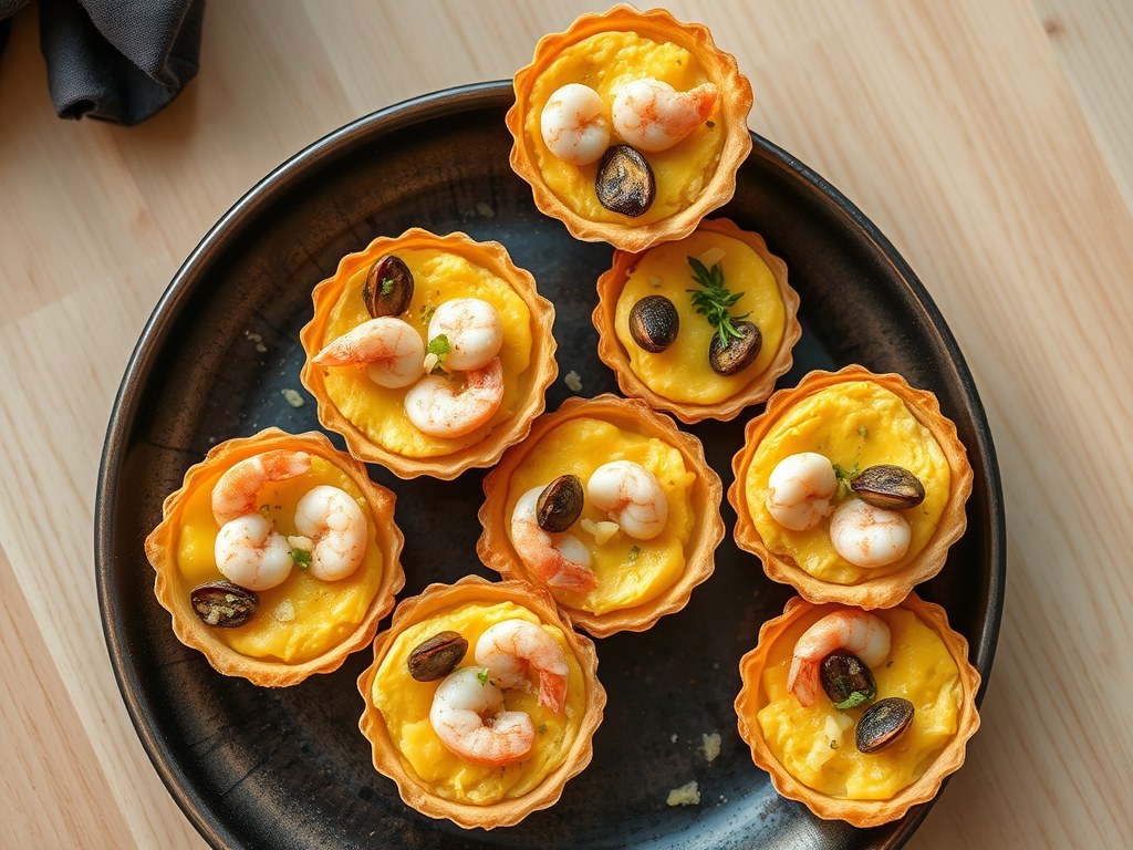 Mini quiches met zeevruchten, AI-gegenereerde illustratie