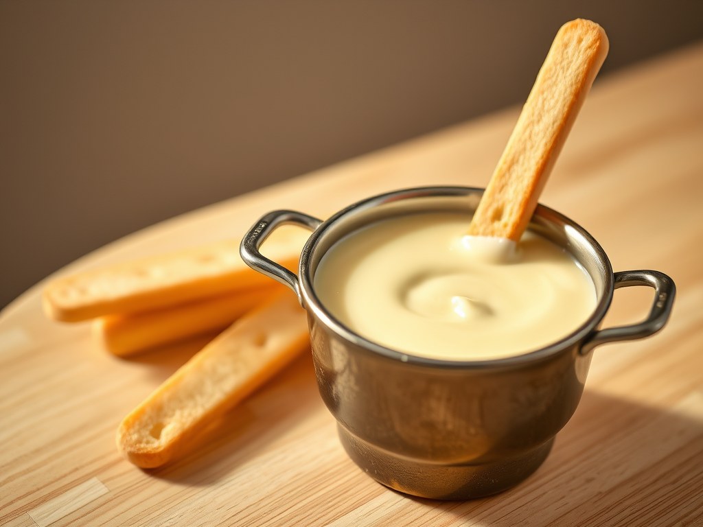Minikaasfondue van geitenkaas, AI-gegenereerde illustratie