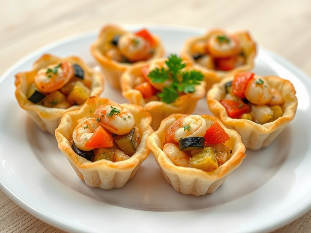 Minipasteitjes gevuld met garnalen op z’n provencaals, AI-gegenereerde illustratie