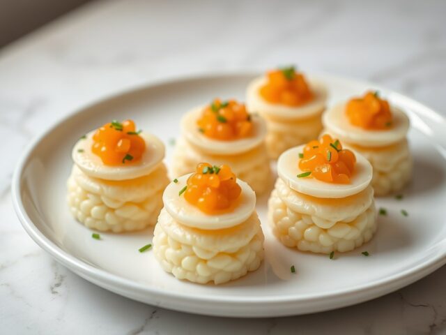 Minitorentjes met risotto en lompviseitjes