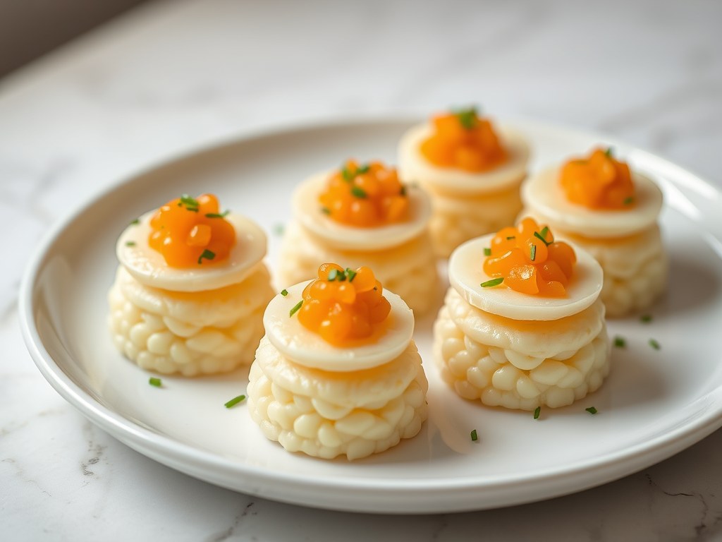 Minitorentjes met risotto en lompviseitjes, AI-gegenereerde illustratie
