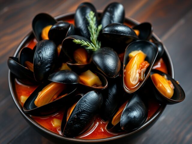 Mosselen in een saus van tomaten en bleekselderij