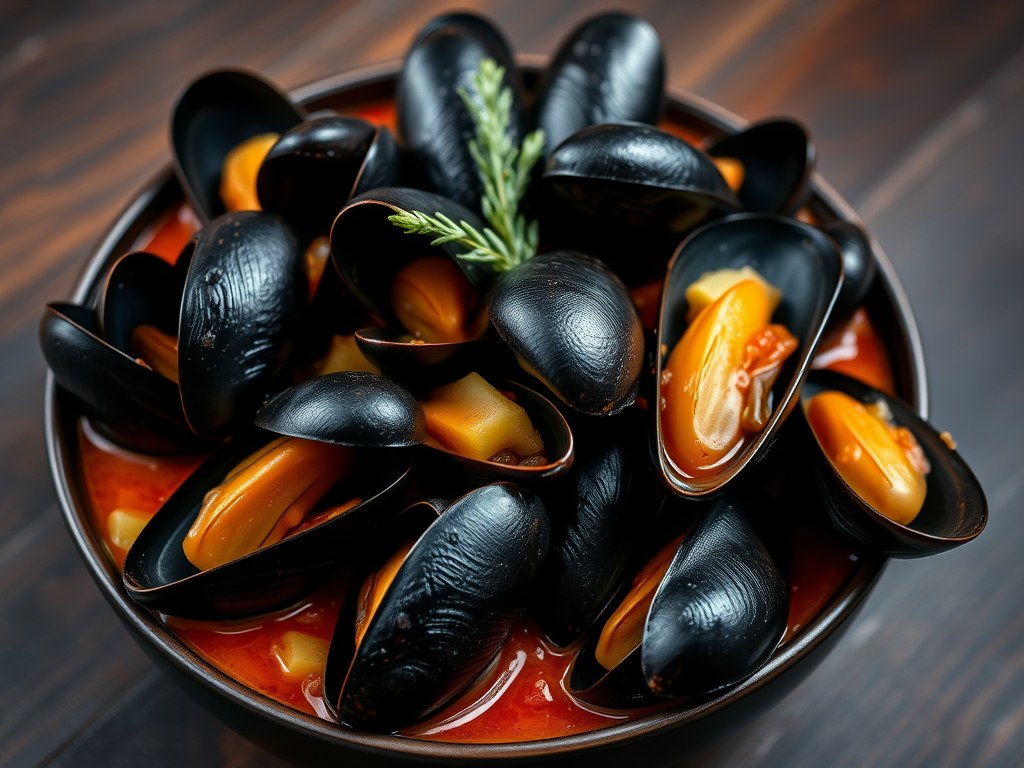 Mosselen in een saus van tomaten en bleekselderij, AI-gegenereerde illustratie