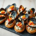 Mosselen met Boursin-paprika op crostini