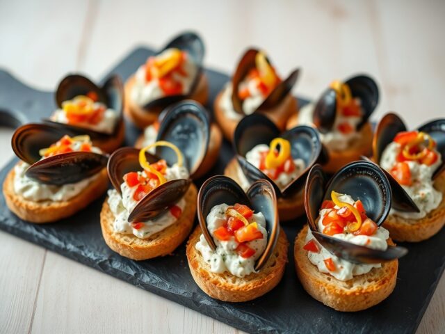 Mosselen met Boursin-paprika op crostini