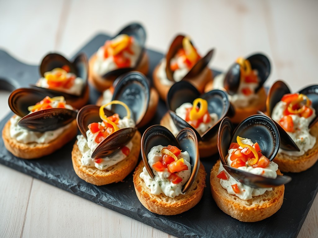 Mosselen met Boursin-paprika op crostini, AI-gegenereerde illustratie