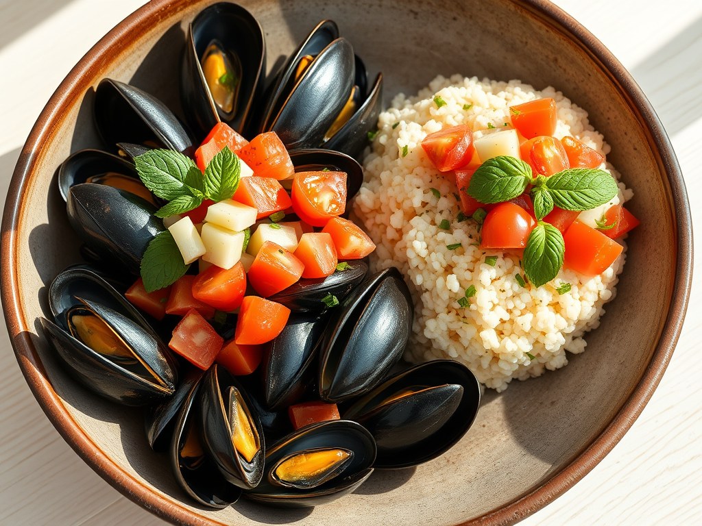 Mosselen met komkommersalade couscous en munt, AI-gegenereerde illustratie