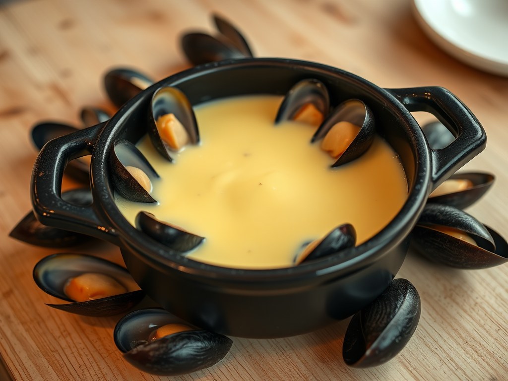 Mosselfondue uit Normandië, AI-gegenereerde illustratie