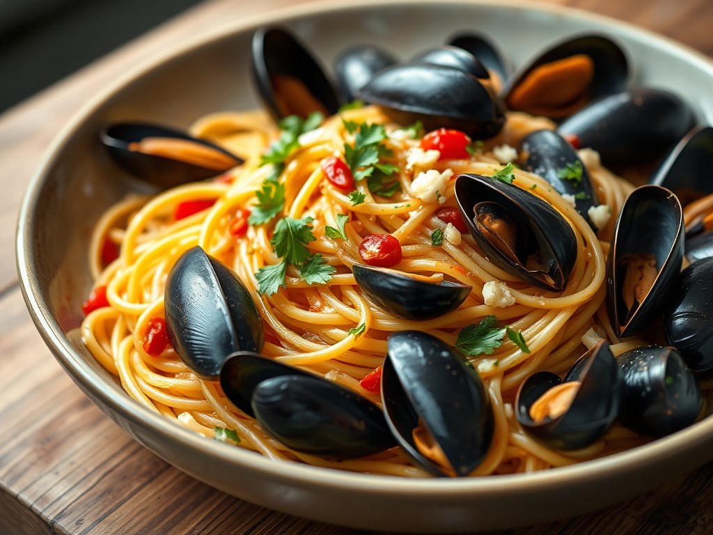 Mosselspaghetti, AI-gegenereerde illustratie